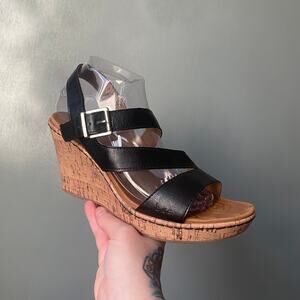 B.O.C. Shirra Black Women's 10 Strappy Cork Wedge Sandals Buckle Heel Summer